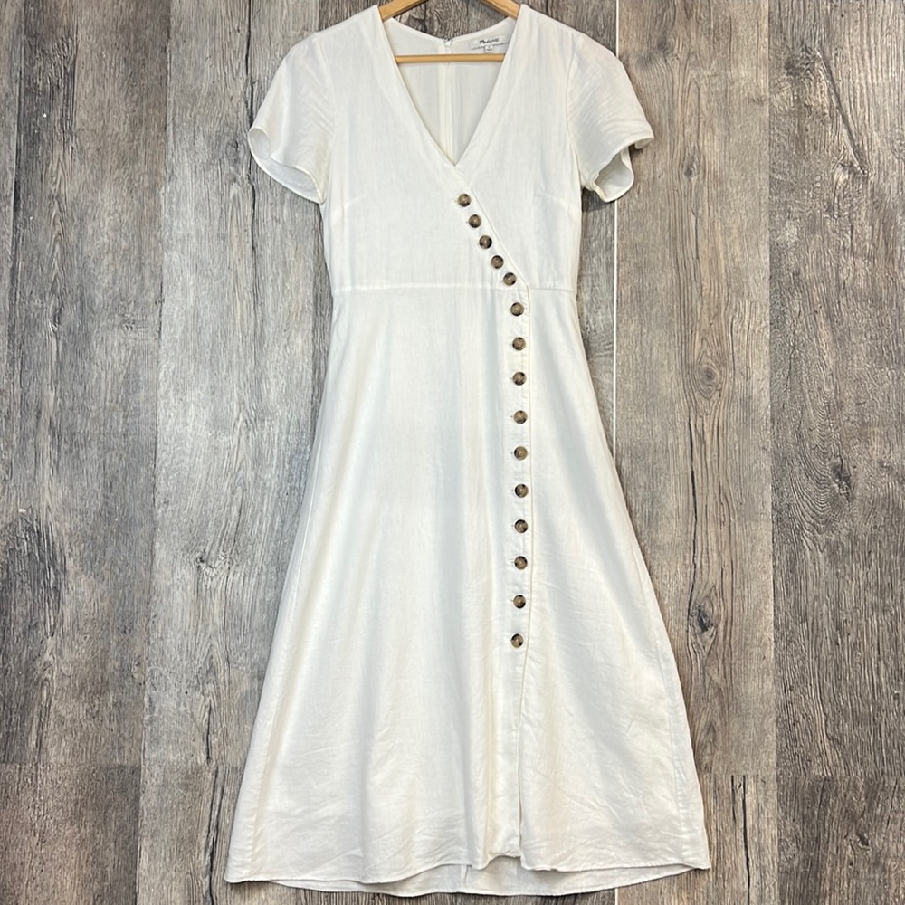 Madewell Petite Linen-Blend Button-Wrap Midi Dress